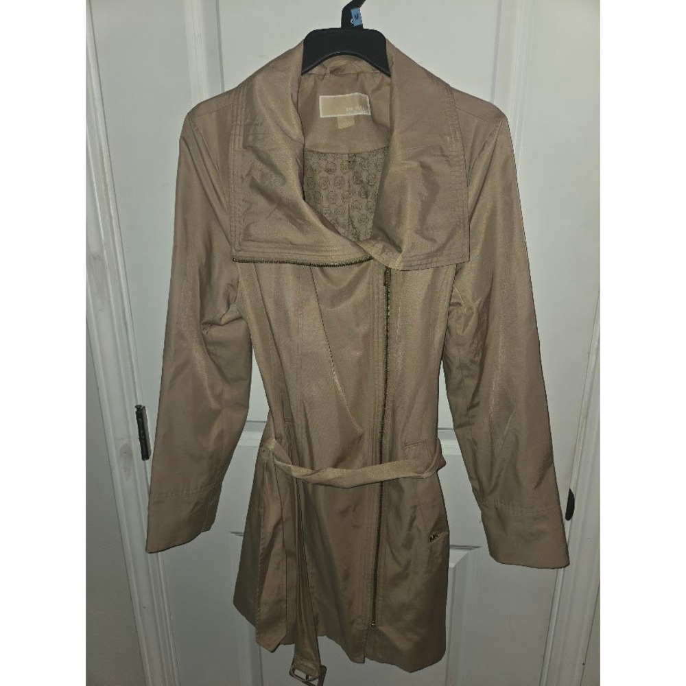 Michael Kors Womens Tan Asymmetrical Zip Belted Trench Coat Jacket Size M
